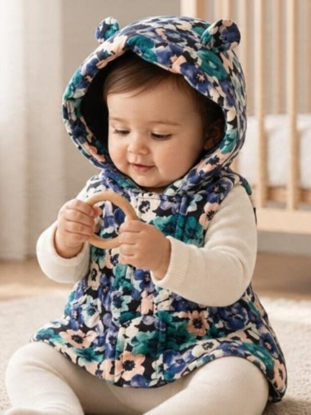 GYMBOREE Blue Floral Print Hooded Zip Front Fleece Lined Vest Girls 6-12 months